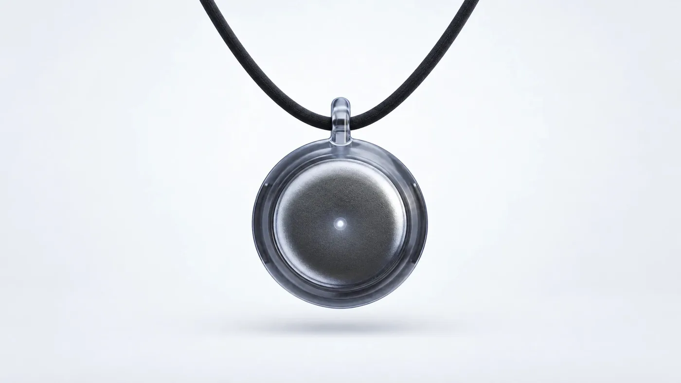 Le pendentif Omi suspendu à son cordon, vue de face