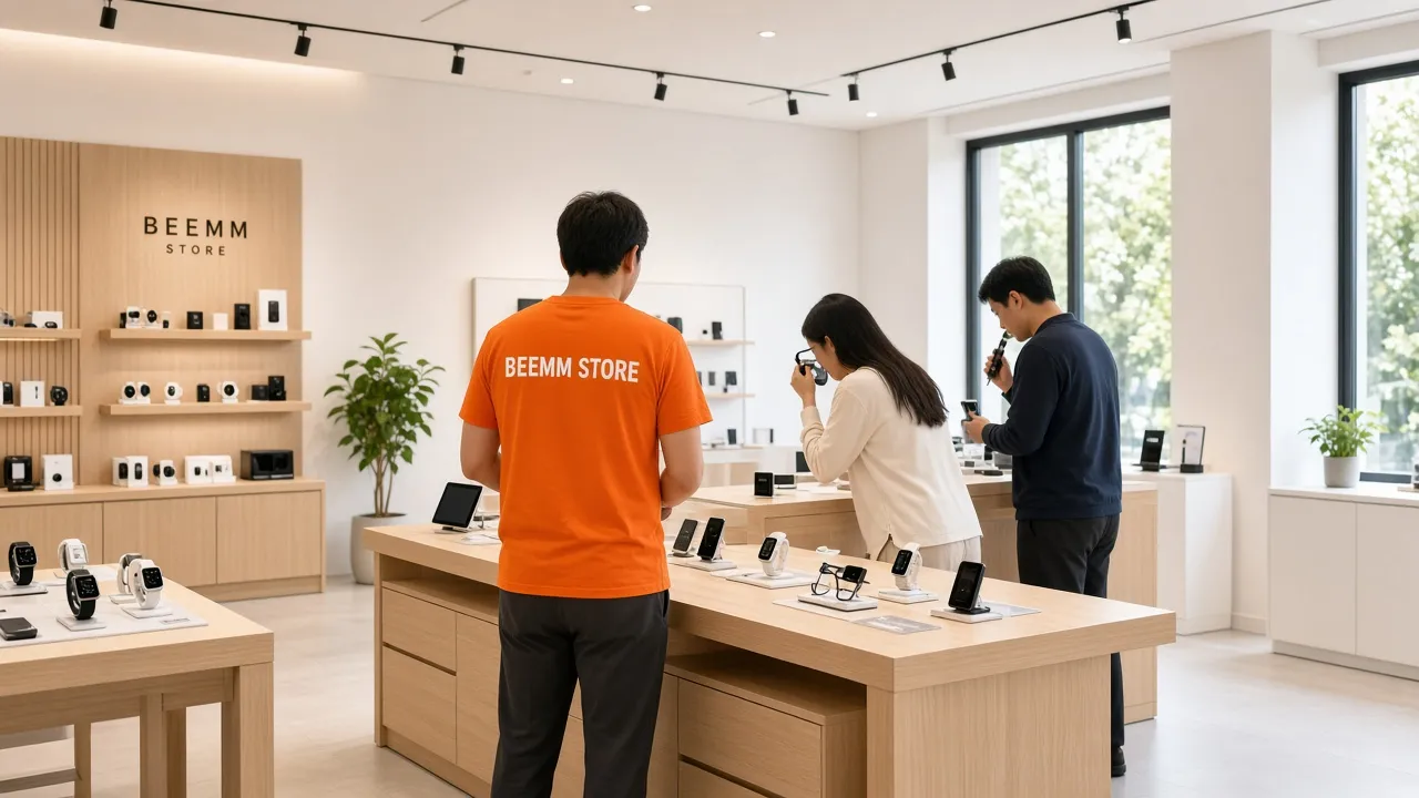 Vue de la boutique : tables de démonstration en bois clair, vendeur en t-shirt orange BEEMM STORE